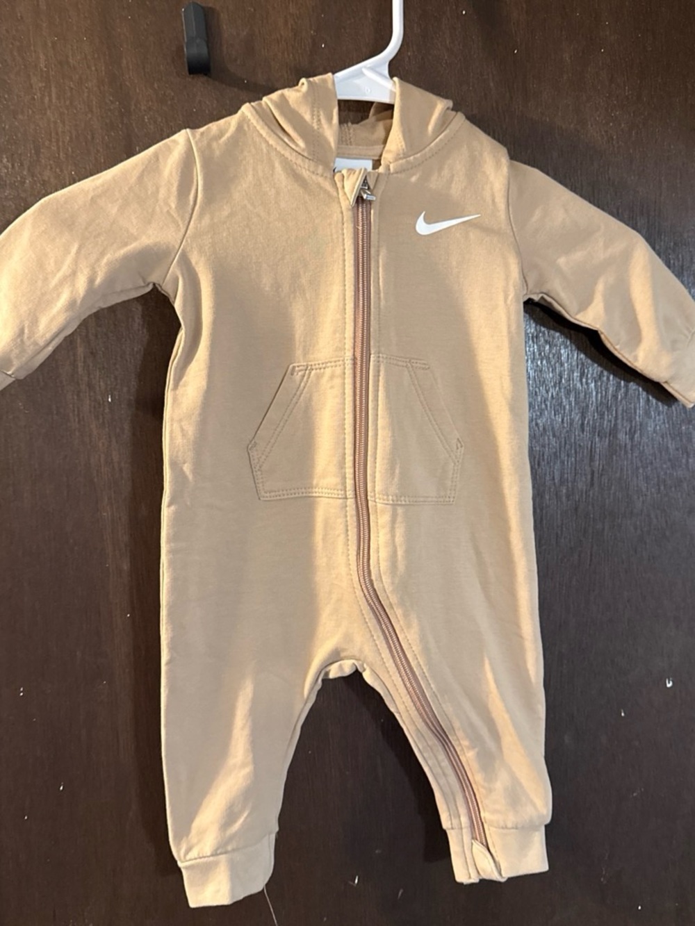 Nike Kids Hooded Zip One-Piece in Beige with White Swoosh